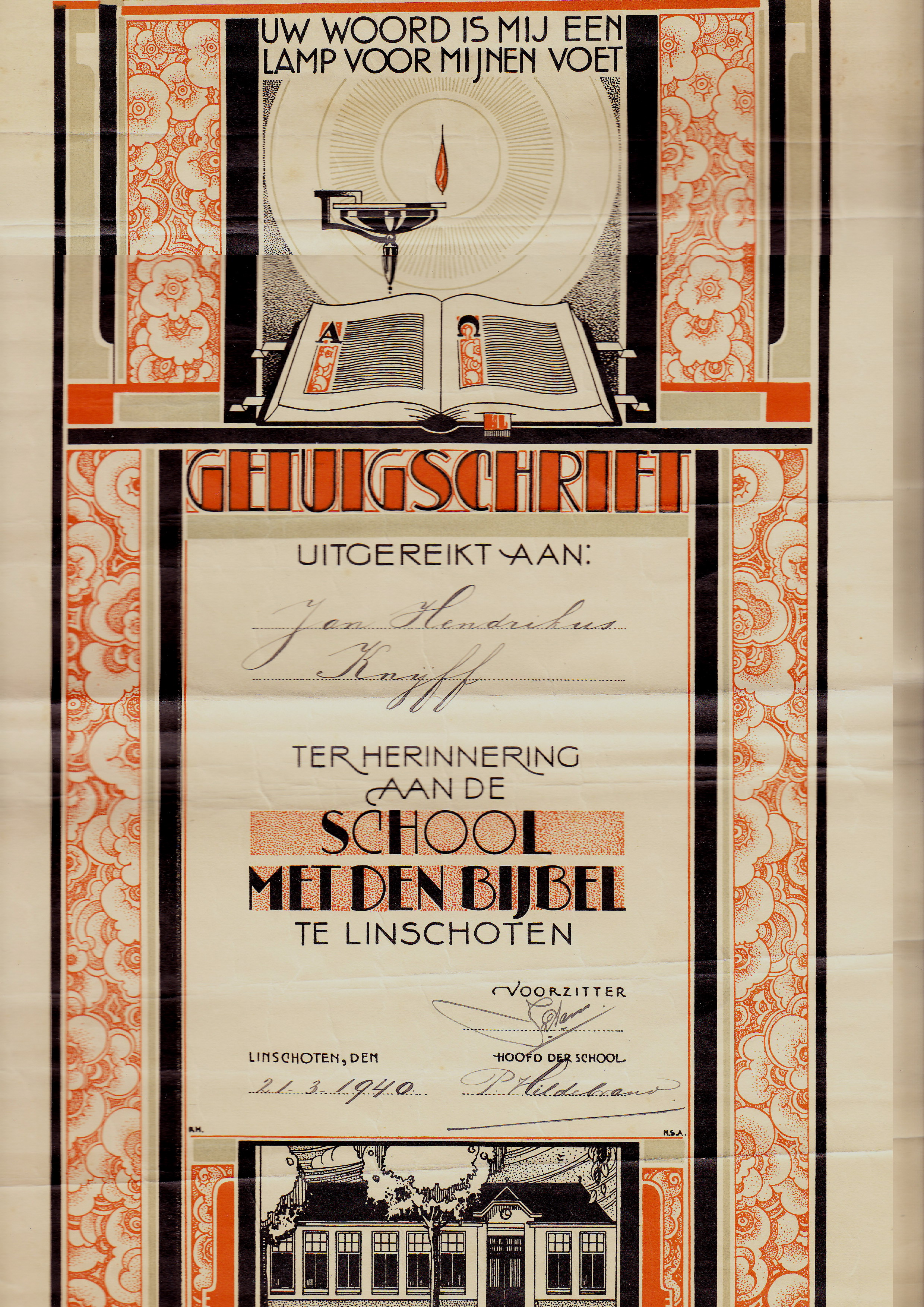 getuigschrift bij verlaten school 1940